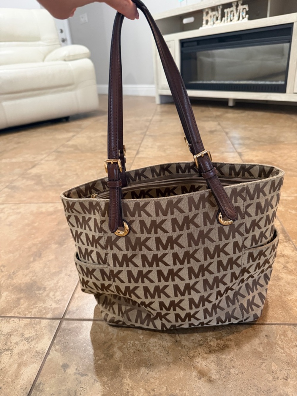 Michael Kors Brown MK Logo Canvas Tote with Dark Brown Straps